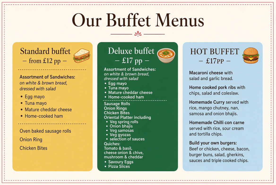 The Happy Cheese standard, deluxe and hot buffet menus