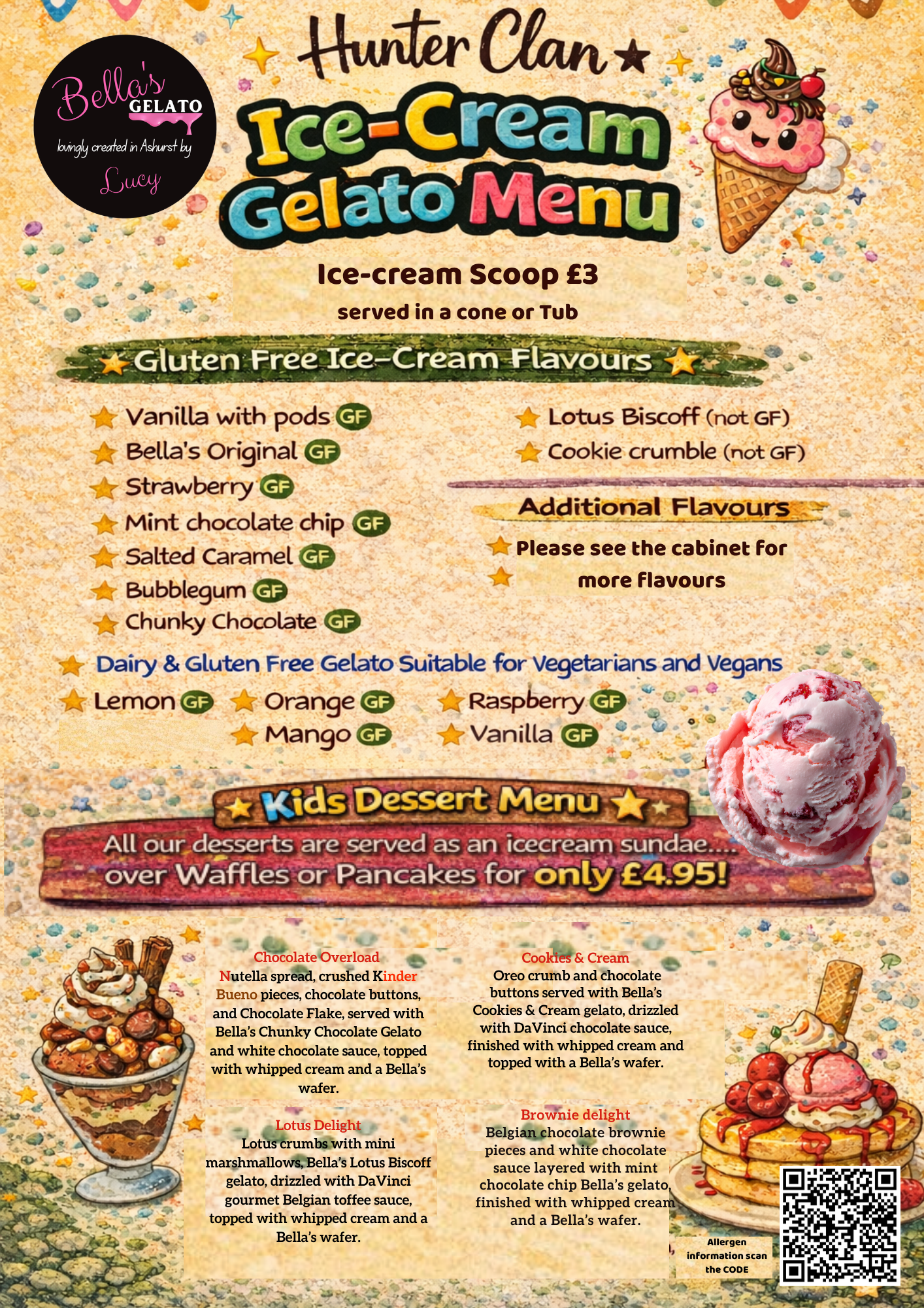 Children's Bella's Gelato and dessert menu