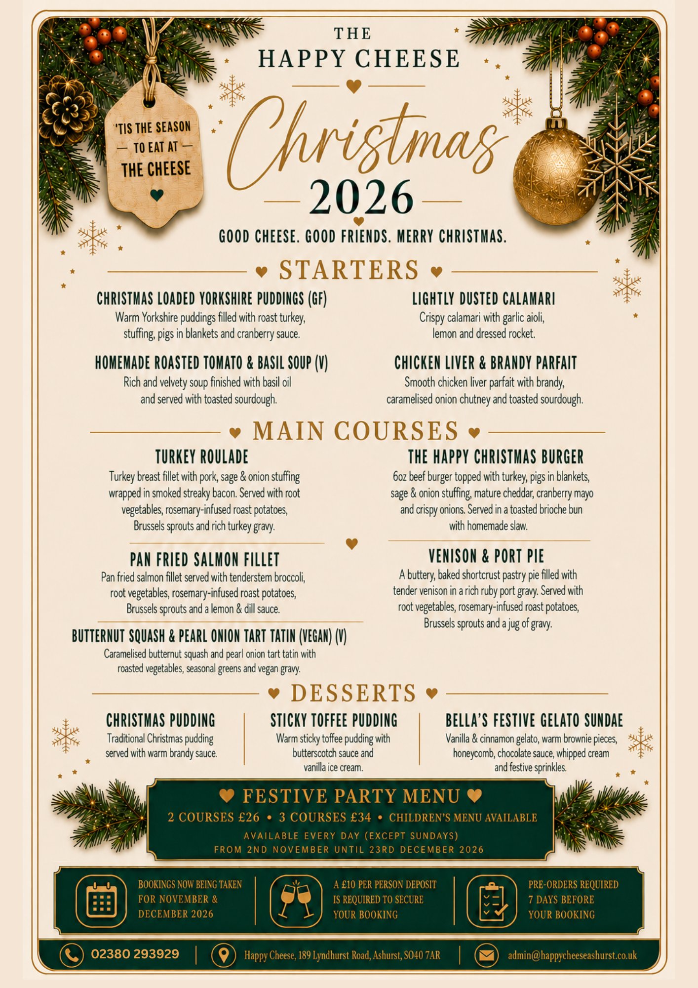 The Happy Cheese Christmas 2026 festive party menu