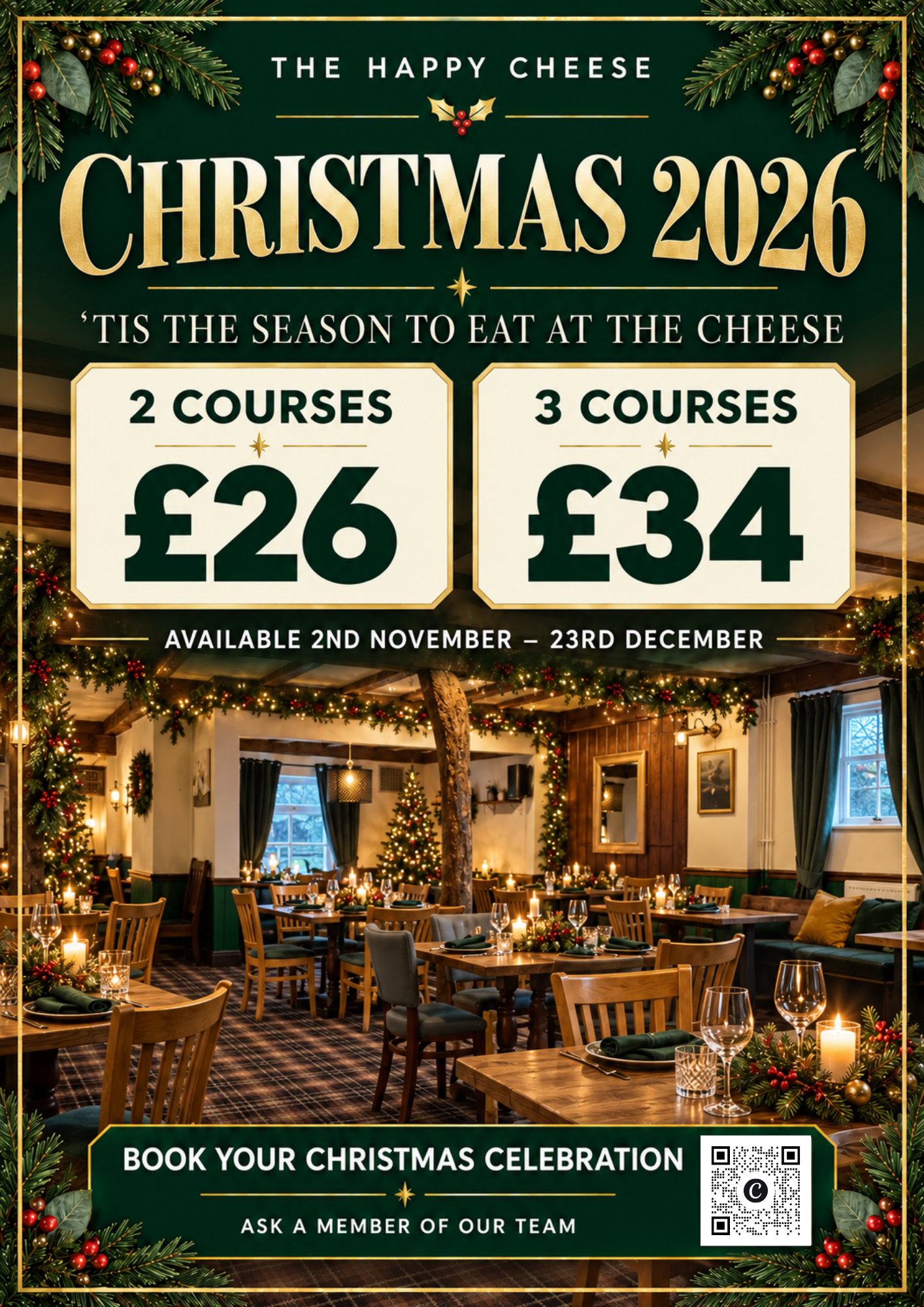 The Happy Cheese Christmas 2026 offer: two courses £26 or three courses £34, available 2 November to 23 December