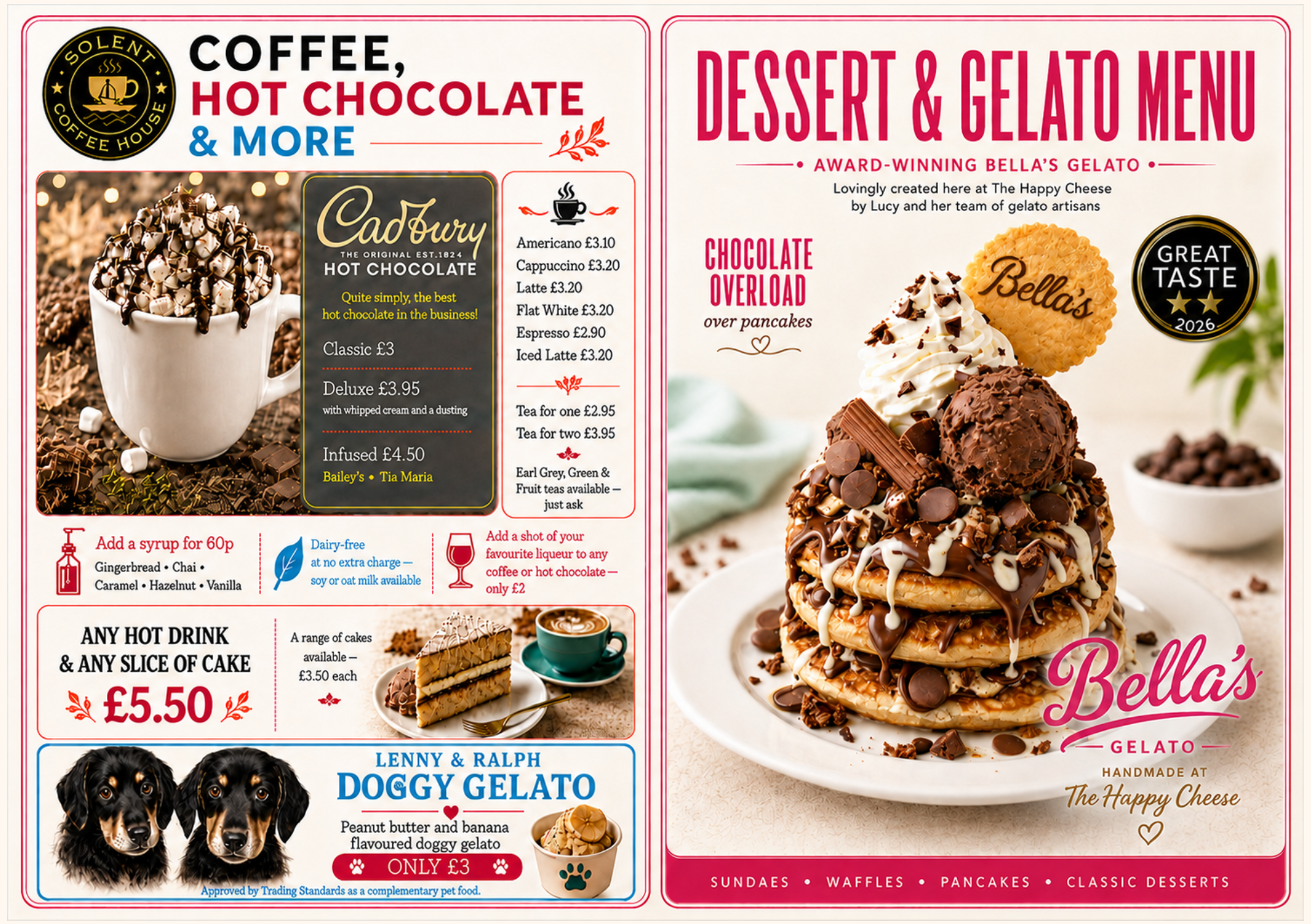 Dessert and Bella's Gelato menu cover, with coffee and hot chocolate choices