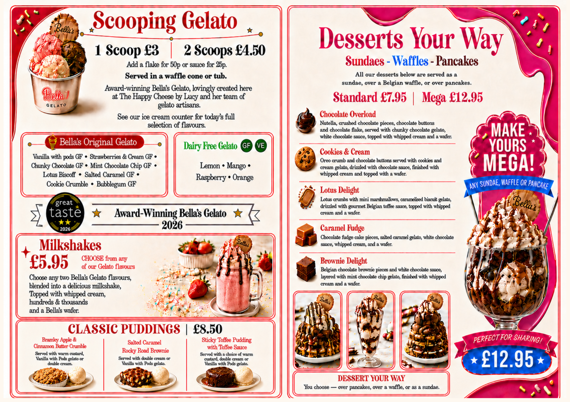 Bella's Gelato flavours, milkshakes, classic puddings and desserts your way