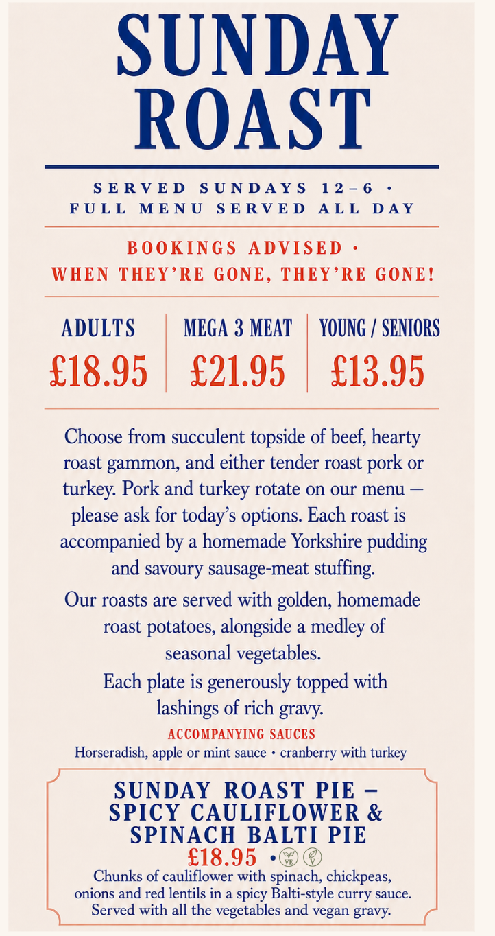 The Happy Cheese Sunday roast menu, served Sundays from 12 noon until 6pm